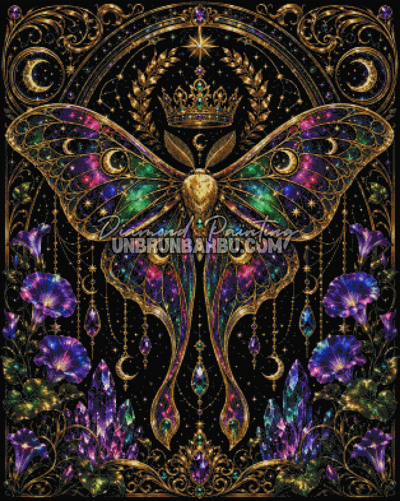 Layout Diamond Painting Royaume des Papillons 80x100 cm avec aperçu diamanté du papillon féerique, des cristaux et des ornements dorés
