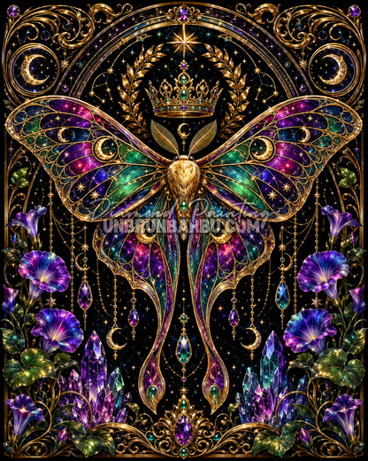 Diamond Painting Royaume des Papillons 80x100 cm avec grand papillon royal céleste, couronne, lunes, cristaux et fleurs violettes