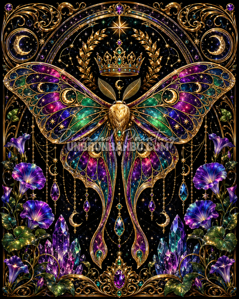 Diamond Painting Royaume des Papillons 80x100 cm avec grand papillon royal céleste, couronne, lunes, cristaux et fleurs violettes