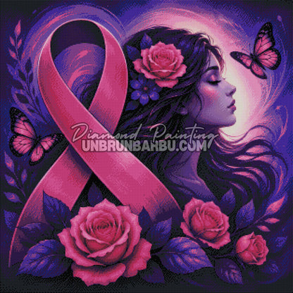 Layout Diamond Painting Ruban pour la Vie 80x80 cm avec aperçu diamanté du ruban rose, du portrait féminin et des roses