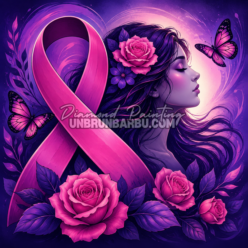 Diamond Painting Ruban pour la Vie 80x80 cm avec ruban rose, portrait féminin de profil, roses, papillons et ambiance violette