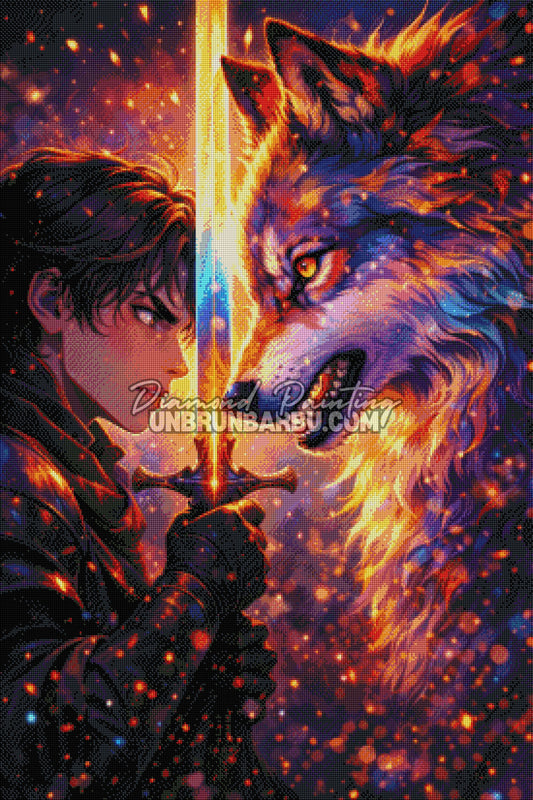 rendu diamond painting face a face homme loup lumière