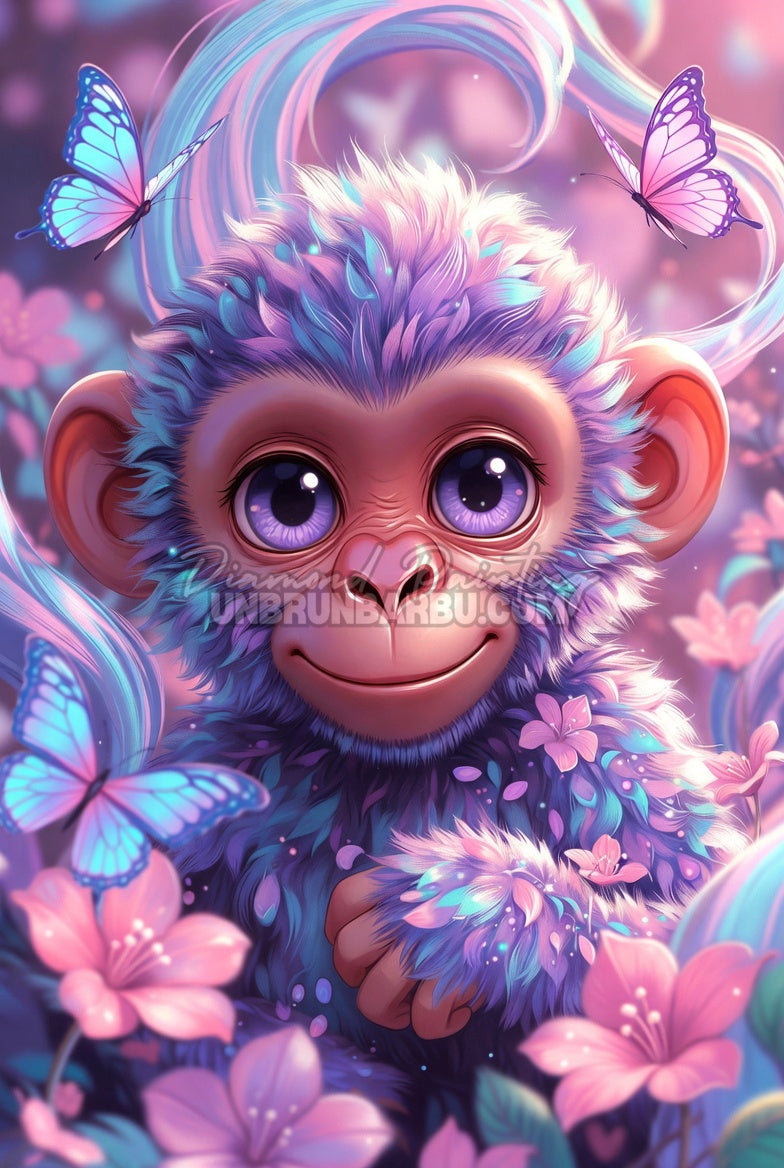 Diamond Painting Singe aux Papillons Lila 50x75 cm avec singe aux yeux violets, fleurs roses et ailes turquoise