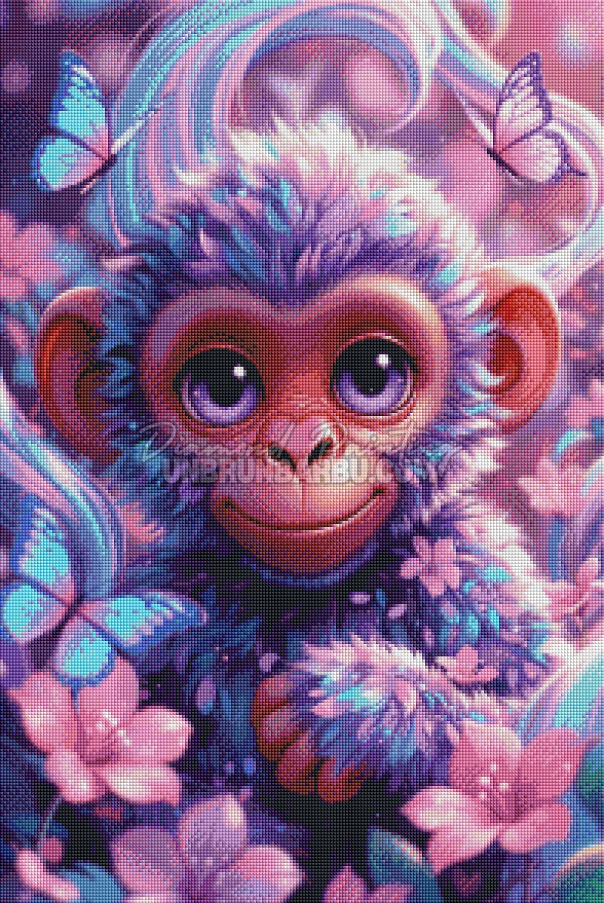 Rendu diamanté du Diamond Painting Singe aux Papillons Lila 50x75 cm avec pelage bleu-violet et fleurs