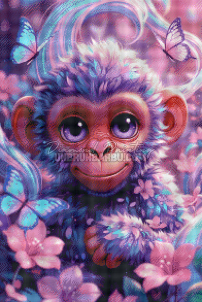 Rendu diamanté du Diamond Painting Singe aux Papillons Lila 50x75 cm avec pelage bleu-violet et fleurs