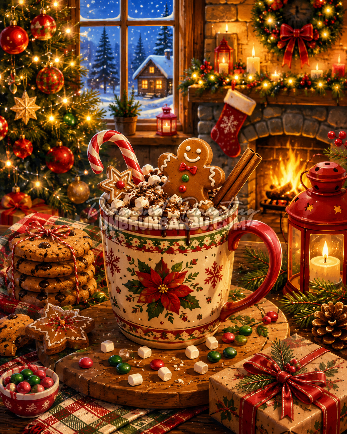 Diamond Painting Soirée Gourmande de Noël 100x125 cm avec chocolat chaud sapin et cheminée