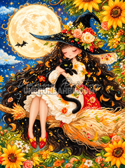 Diamond Painting Sorciere au Clair de Lune 45x60 cm avec chat noir tournesols et lune doree