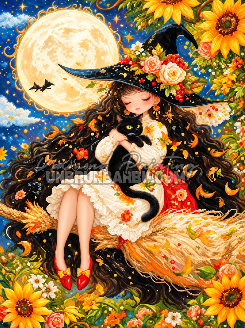Diamond Painting Sorciere au Clair de Lune 45x60 cm avec chat noir tournesols et lune doree