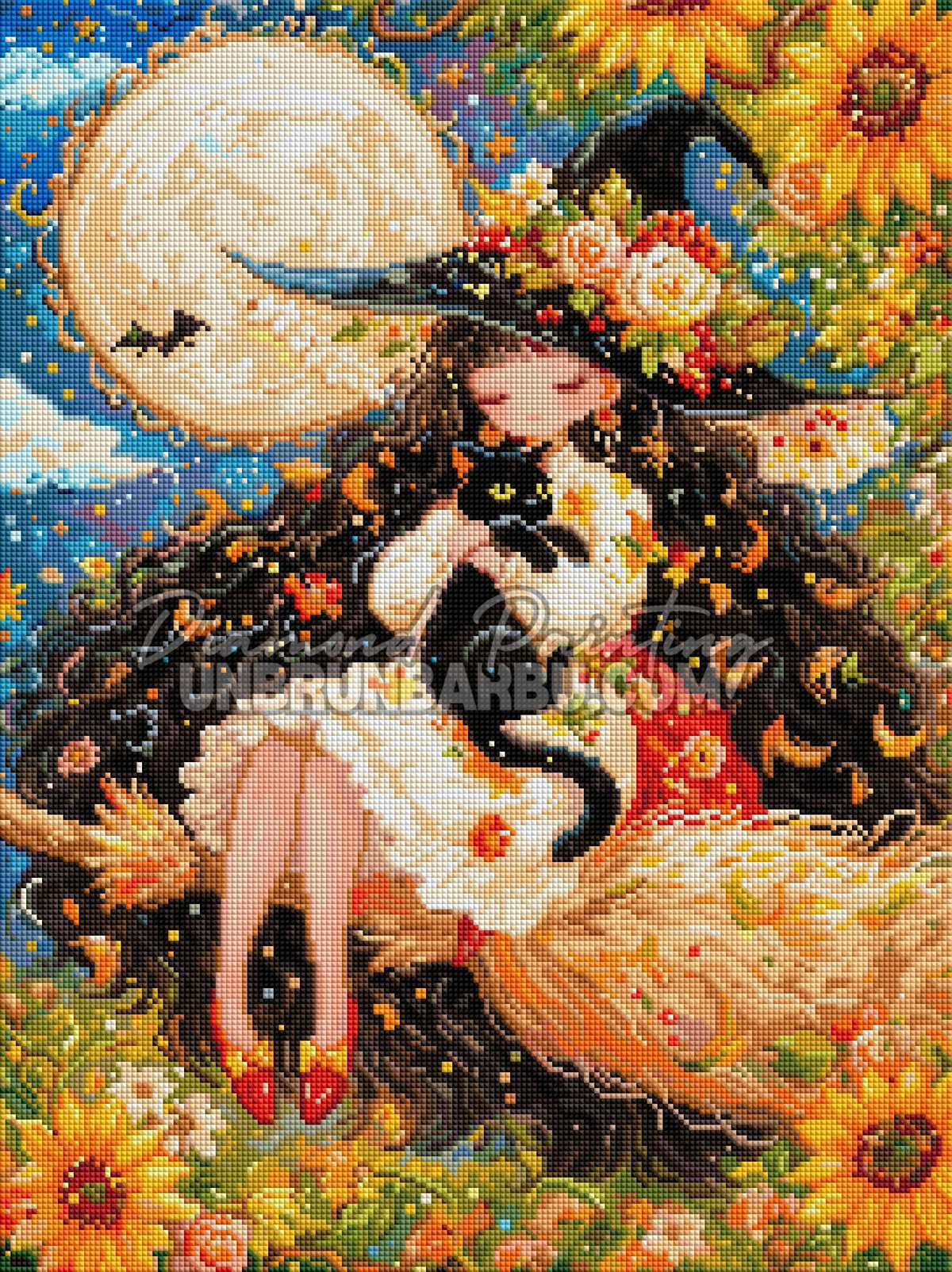 Rendu diamante Diamond Painting Sorciere au Clair de Lune 45x60 cm avec chat noir et fleurs