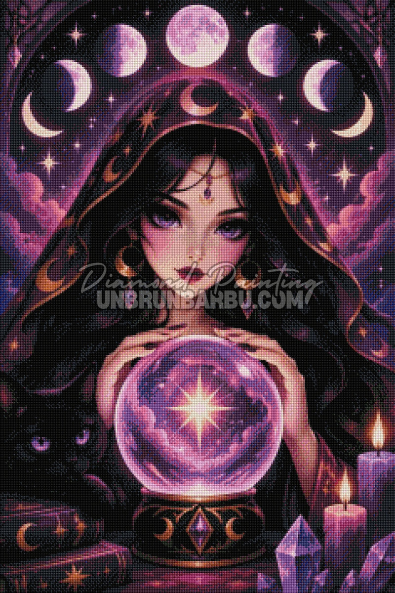 Rendu diamanté du Diamond Painting Sorcière aux Lunes d’Améthyste 60x90 cm dans des tons violets
