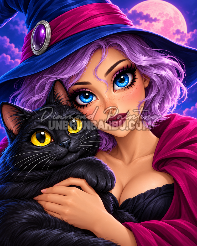 Illustration Diamond Painting Sorcière Complice du Chat Noir 60x75 cm, sorcière aux yeux bleus et chat noir aux yeux jaunes sous la lune rose