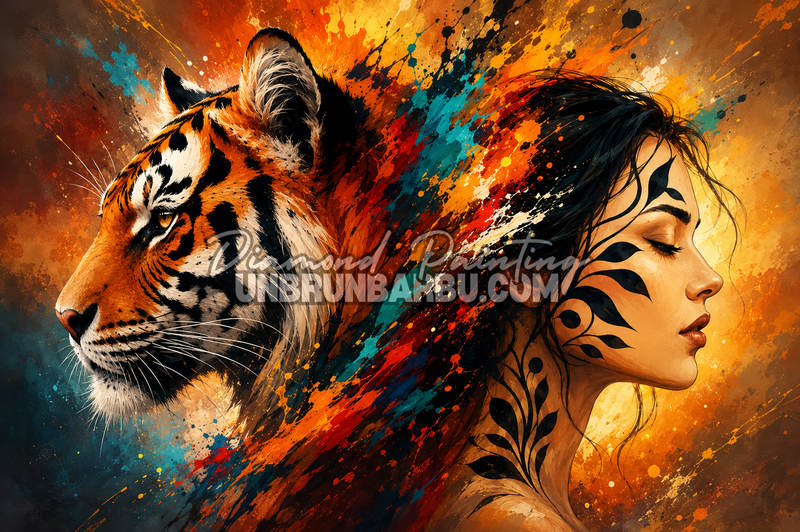 diamond painting souffle du tigre 130x90 cm illustration femme et tigre
