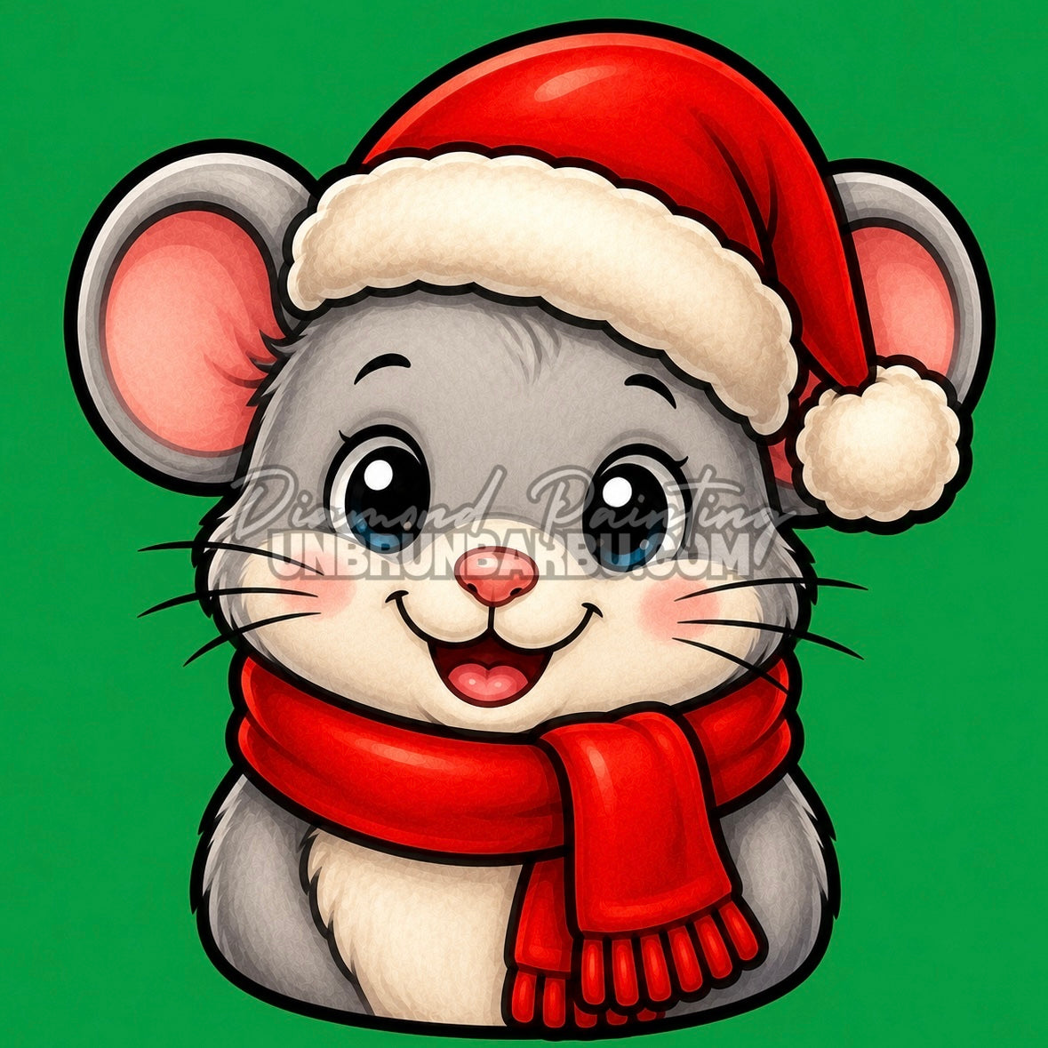 Diamond Painting souris de Noël 30x30 cm avec bonnet et écharpe rouges sur fond vert