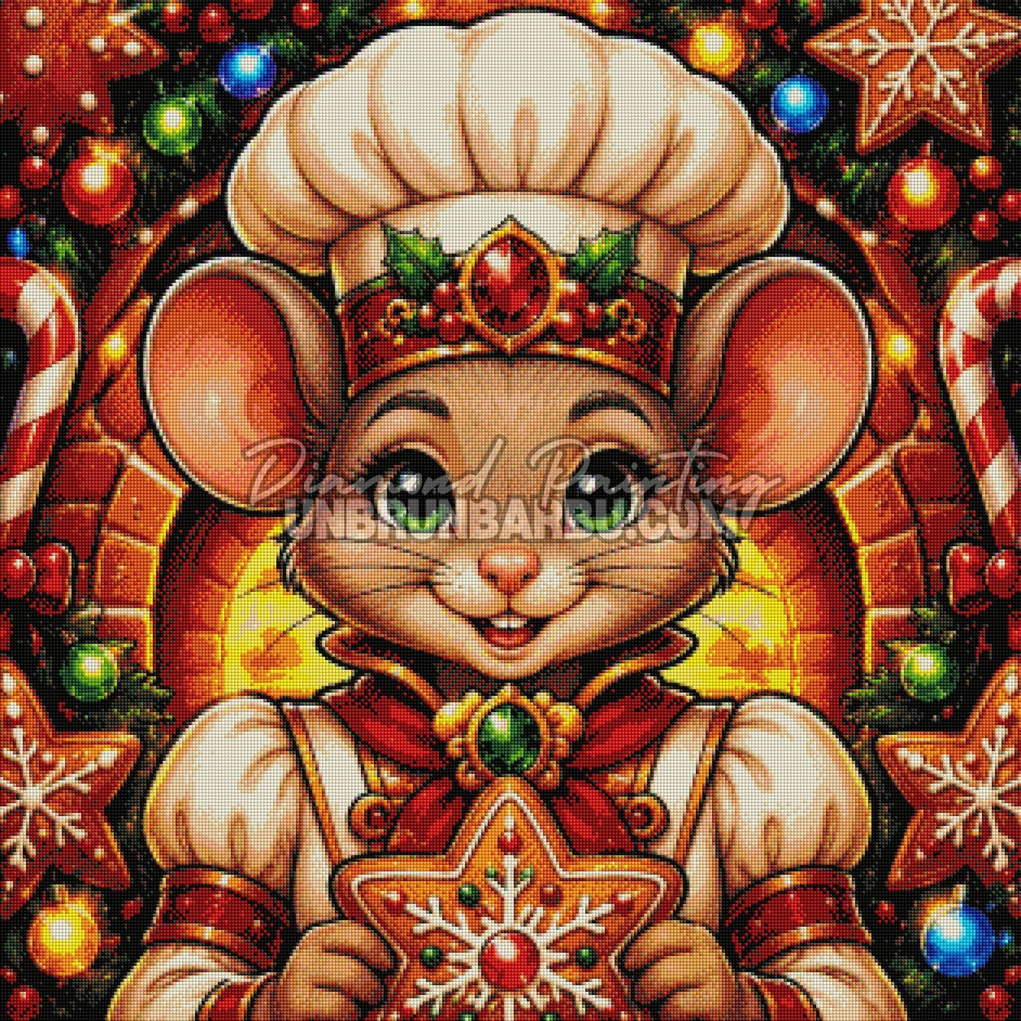 Rendu diamanté du Diamond Painting Souris Pâtissière du Père Noël 80x80 cm avec biscuit en pain d’épices et lumières