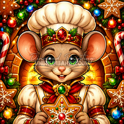 Diamond Painting Souris Pâtissière du Père Noël 80x80 cm avec biscuit étoilé, cheminée et décorations de Noël