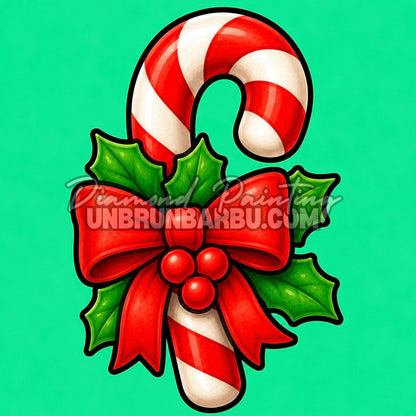 Diamond Painting sucre d’orge de Noël 30x30 cm avec ruban rouge et houx sur fond vert menthe