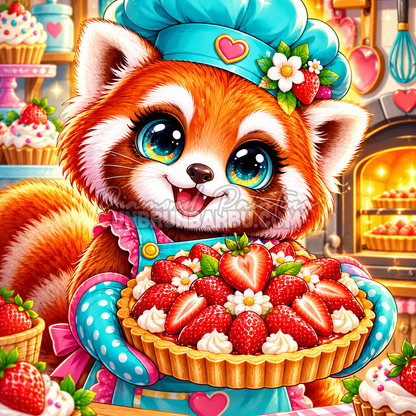 Diamond Painting Tarte aux Fraises du Panda Roux 80x80 cm avec chef patissier, fraises et toque turquoise