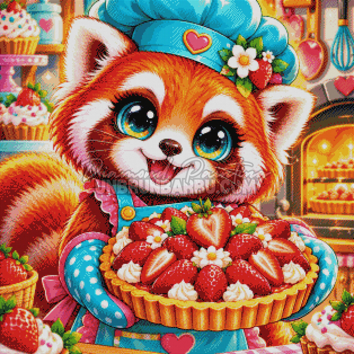 Rendu diamante du Diamond Painting Tarte aux Fraises du Panda Roux 80x80 cm dans une patisserie coloree