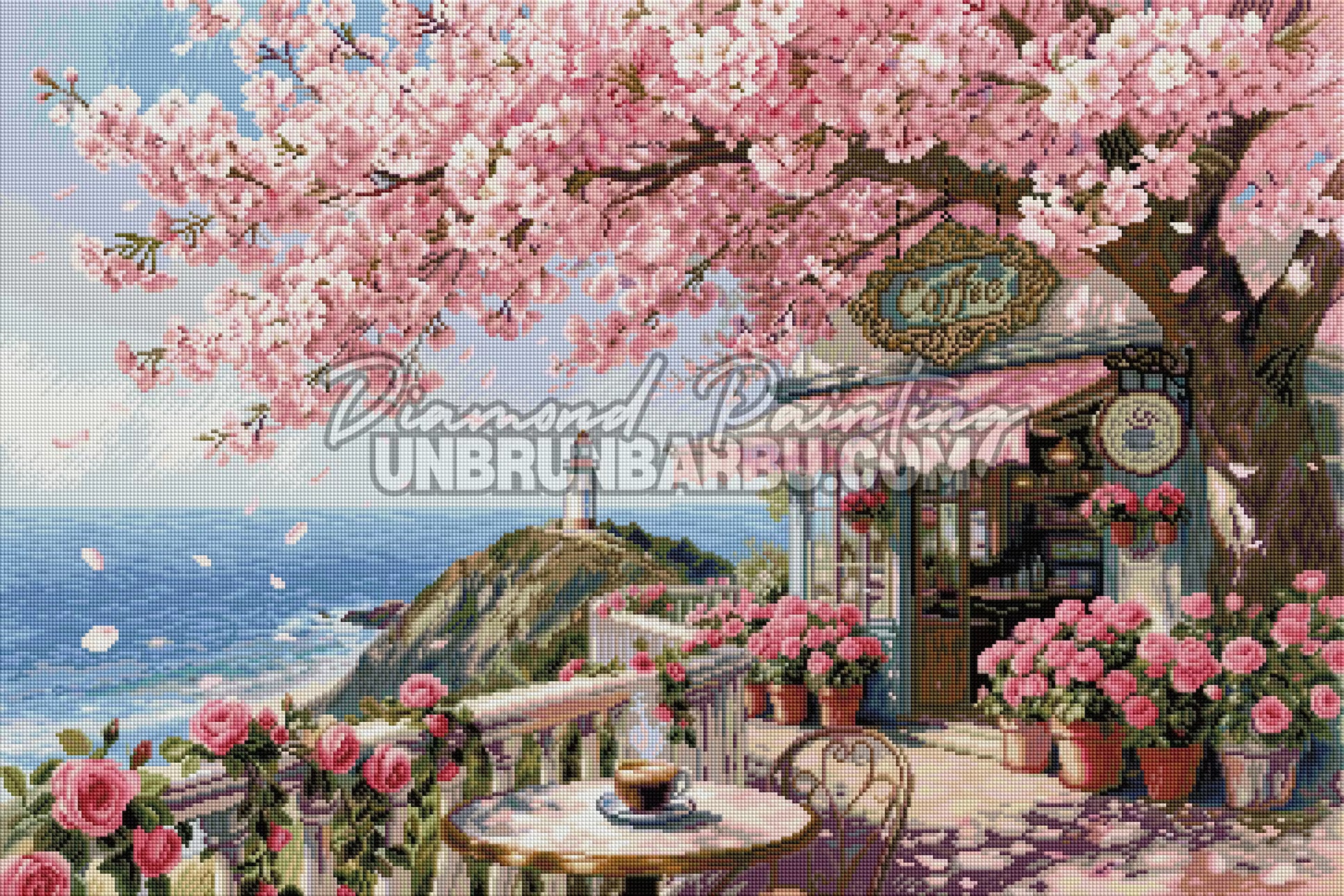 Rendu diamanté du Diamond Painting Terrasse aux Fleurs de Cerisier 90x60 cm avec fleurs roses, café et paysage marin