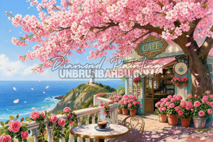 Diamond Painting Terrasse aux Fleurs de Cerisier 90x60 cm avec café fleuri, cerisier rose, vue sur mer et phare
