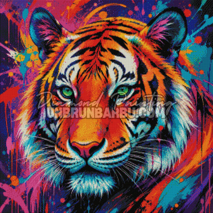 Rendu diamanté du Diamond Painting Tigre aux Couleurs Explosives 70x70 cm avec rayures et couleurs néon