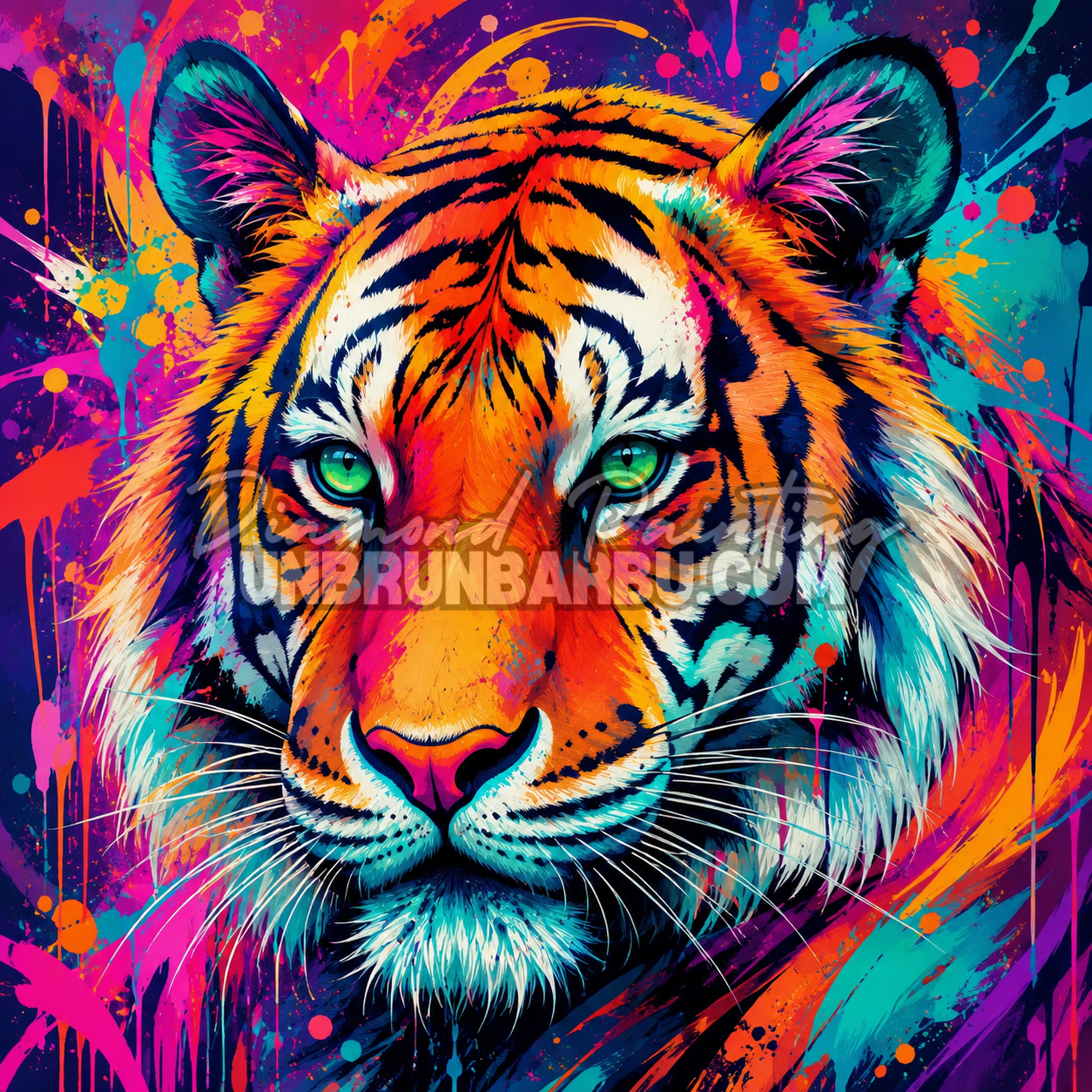Diamond Painting Tigre aux Couleurs Explosives 70x70 cm avec tigre aux yeux verts et projections pop