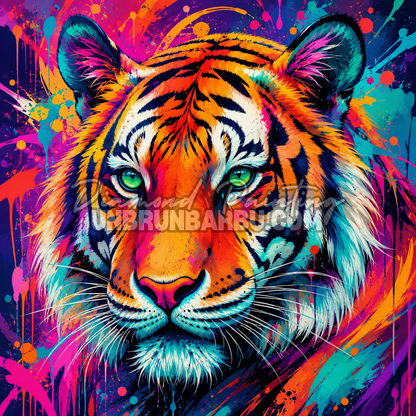 Diamond Painting Tigre aux Couleurs Explosives 70x70 cm avec tigre aux yeux verts et projections pop