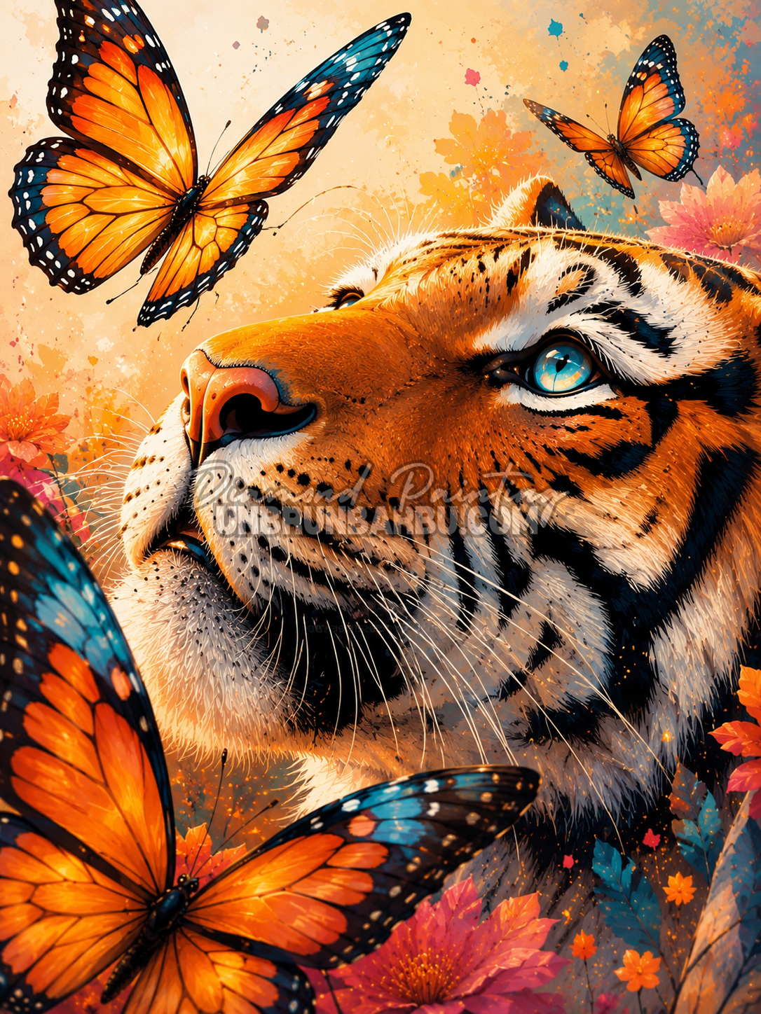Diamond Painting Tigre aux Papillons 50x70 cm portrait de tigre avec papillons orange et fleurs
