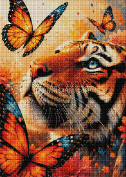 Rendu diamante Diamond Painting Tigre aux Papillons 50x70 cm avec tigre papillons et fleurs