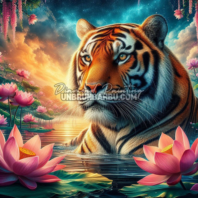diamond painting tigre gardien des lotus illustration 100x100