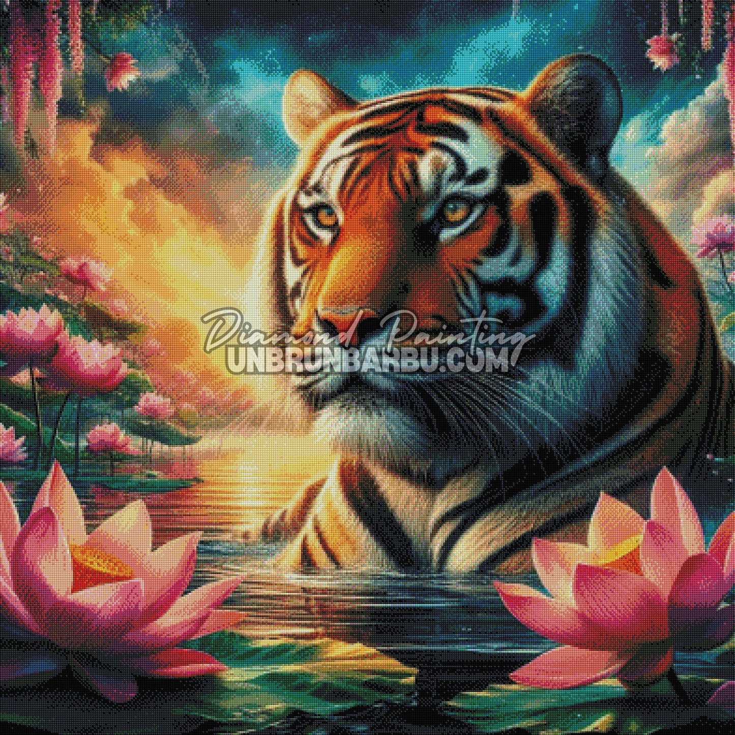 diamond painting tigre gardien des lotus rendu diamante 100x100