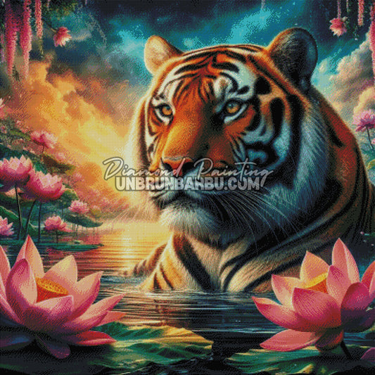 diamond painting tigre gardien des lotus rendu diamante 100x100