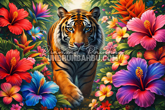 illustration diamond painting tigre fleurs tropicales jungle