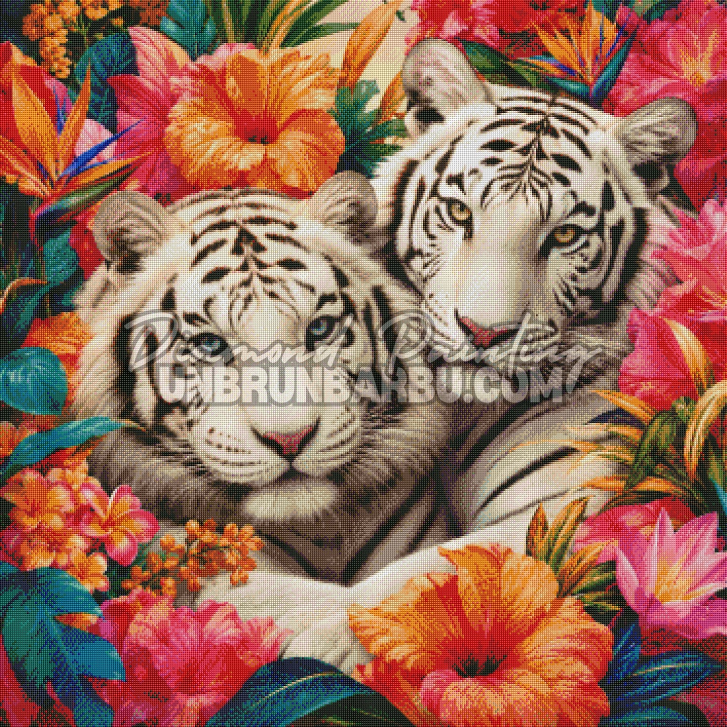 Rendu diamanté du Diamond Painting Les Tigres aux Fleurs Exotiques 90x90 cm avec regards bleu et ambré