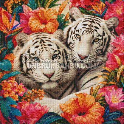 Rendu diamanté du Diamond Painting Les Tigres aux Fleurs Exotiques 90x90 cm avec regards bleu et ambré