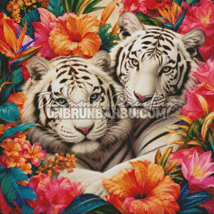 Rendu diamanté du Diamond Painting Les Tigres aux Fleurs Exotiques 90x90 cm avec regards bleu et ambré