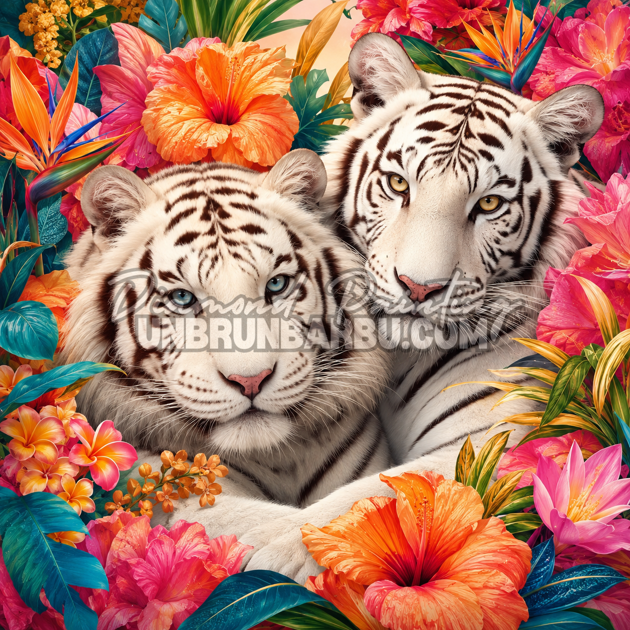 Diamond Painting Les Tigres aux Fleurs Exotiques 90x90 cm avec deux tigres blancs, hibiscus et feuillages