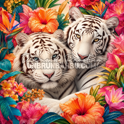 Diamond Painting Les Tigres aux Fleurs Exotiques 90x90 cm avec deux tigres blancs, hibiscus et feuillages