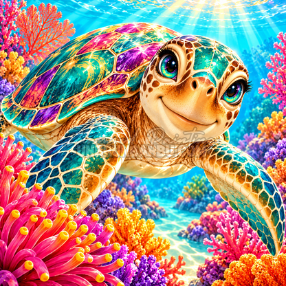 Diamond Painting Tortue du Recif Precieux 90x90 cm avec carapace coloree, coraux et eau turquoise