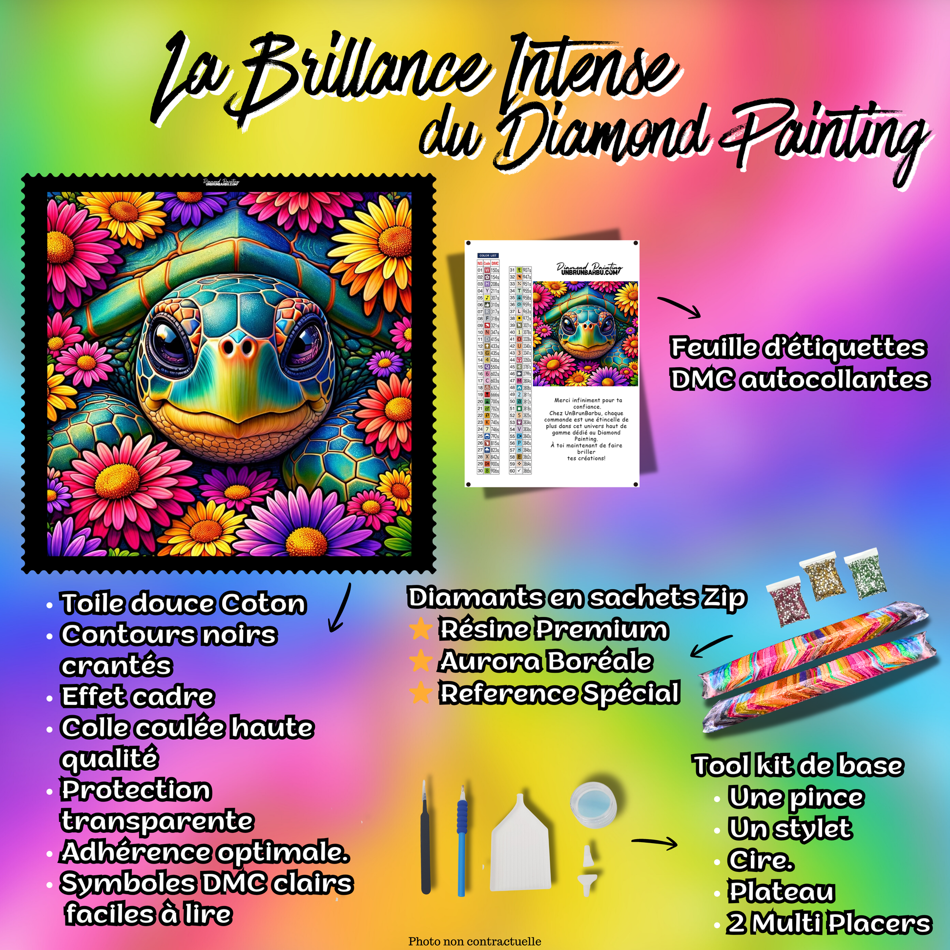 kit complet diamond painting tortue gardienne des fleurs 70x70