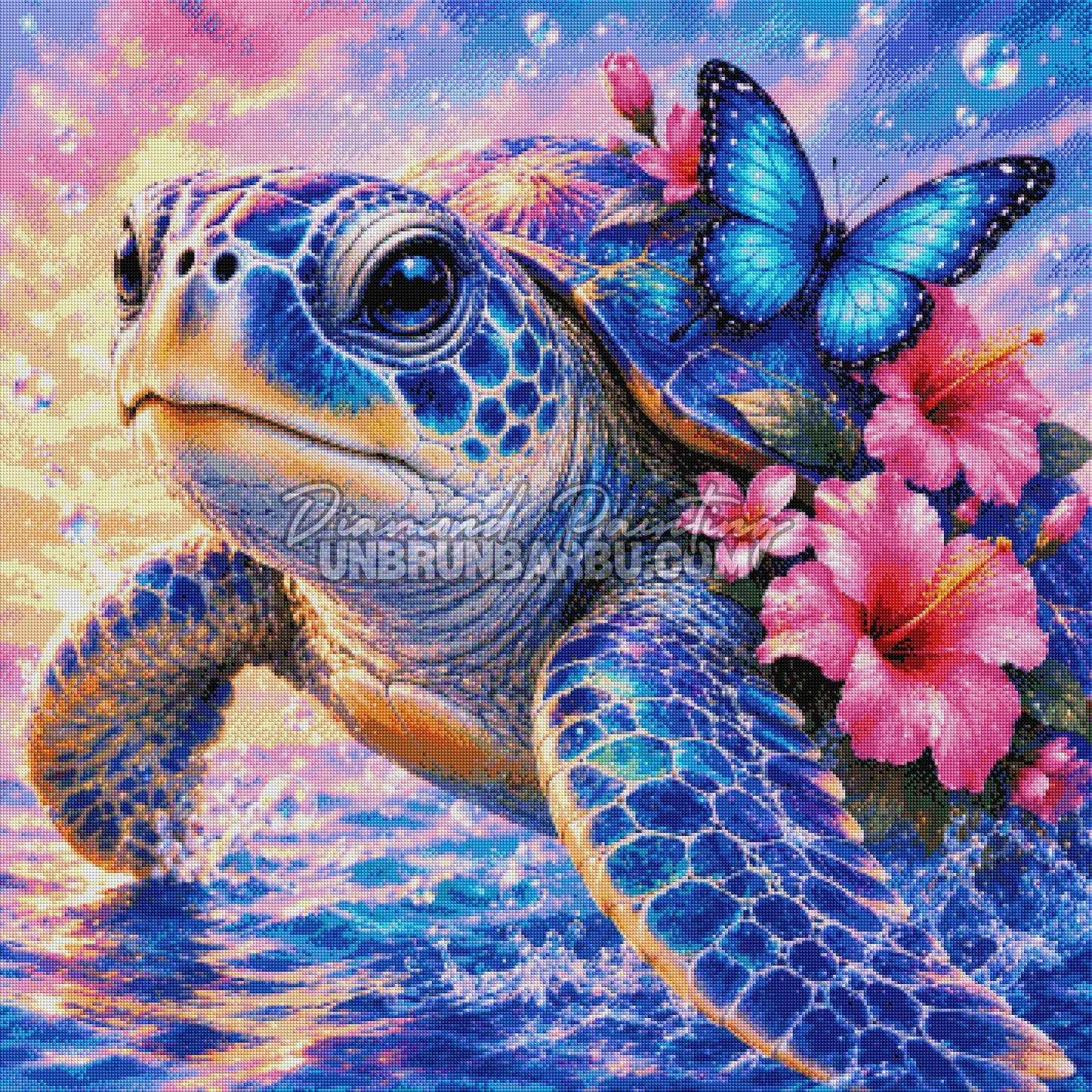 Rendu diamante du Diamond Painting Tortue Tresor du Lagon 90x90 cm avec fleurs tropicales et eau turquoise