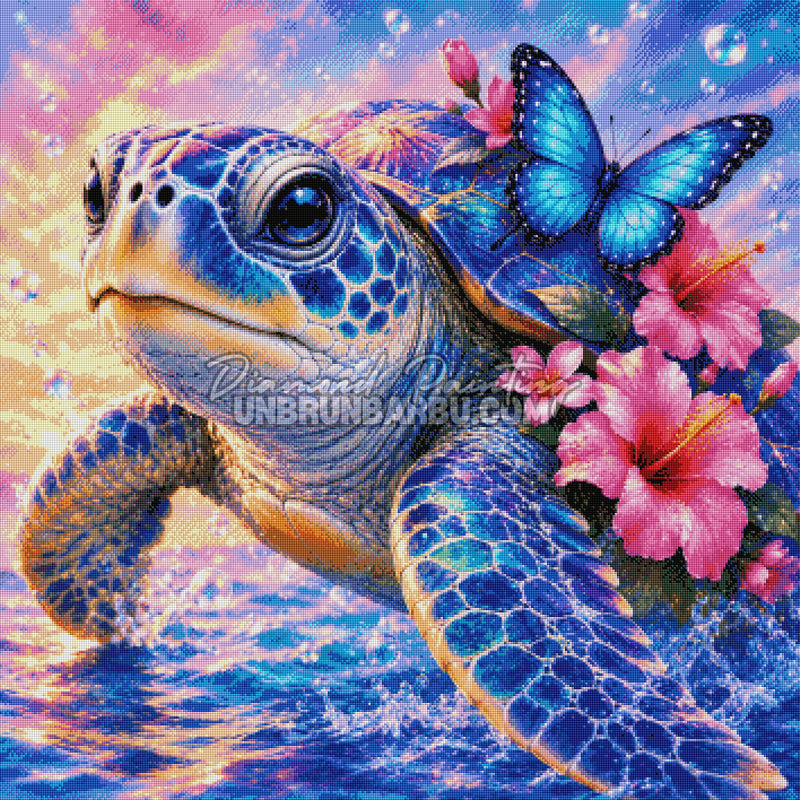 Rendu diamante du Diamond Painting Tortue Tresor du Lagon 90x90 cm avec fleurs tropicales et eau turquoise