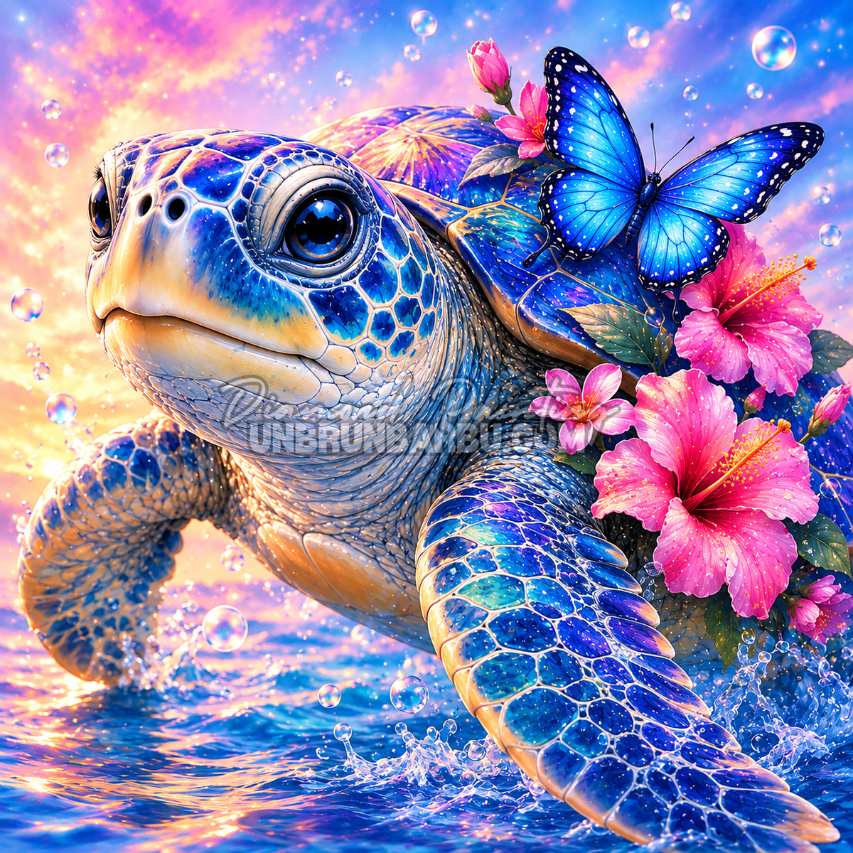 Diamond Painting Tortue Tresor du Lagon 90x90 cm avec tortue bleue, hibiscus roses et papillon