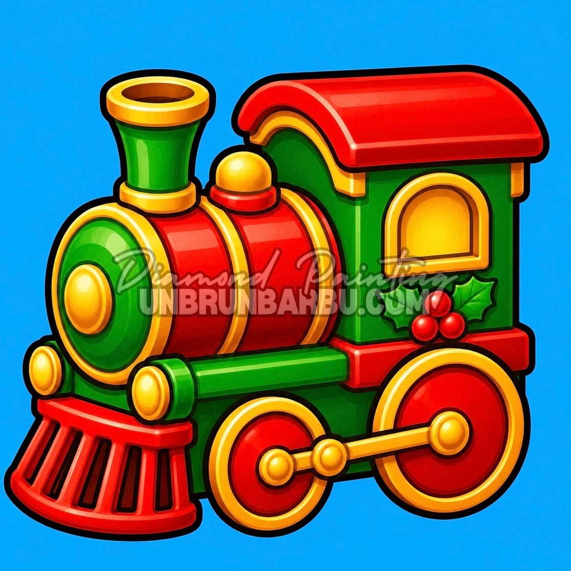 Diamond Painting train de Noël 30x30 cm rouge et vert avec détails dorés sur fond bleu