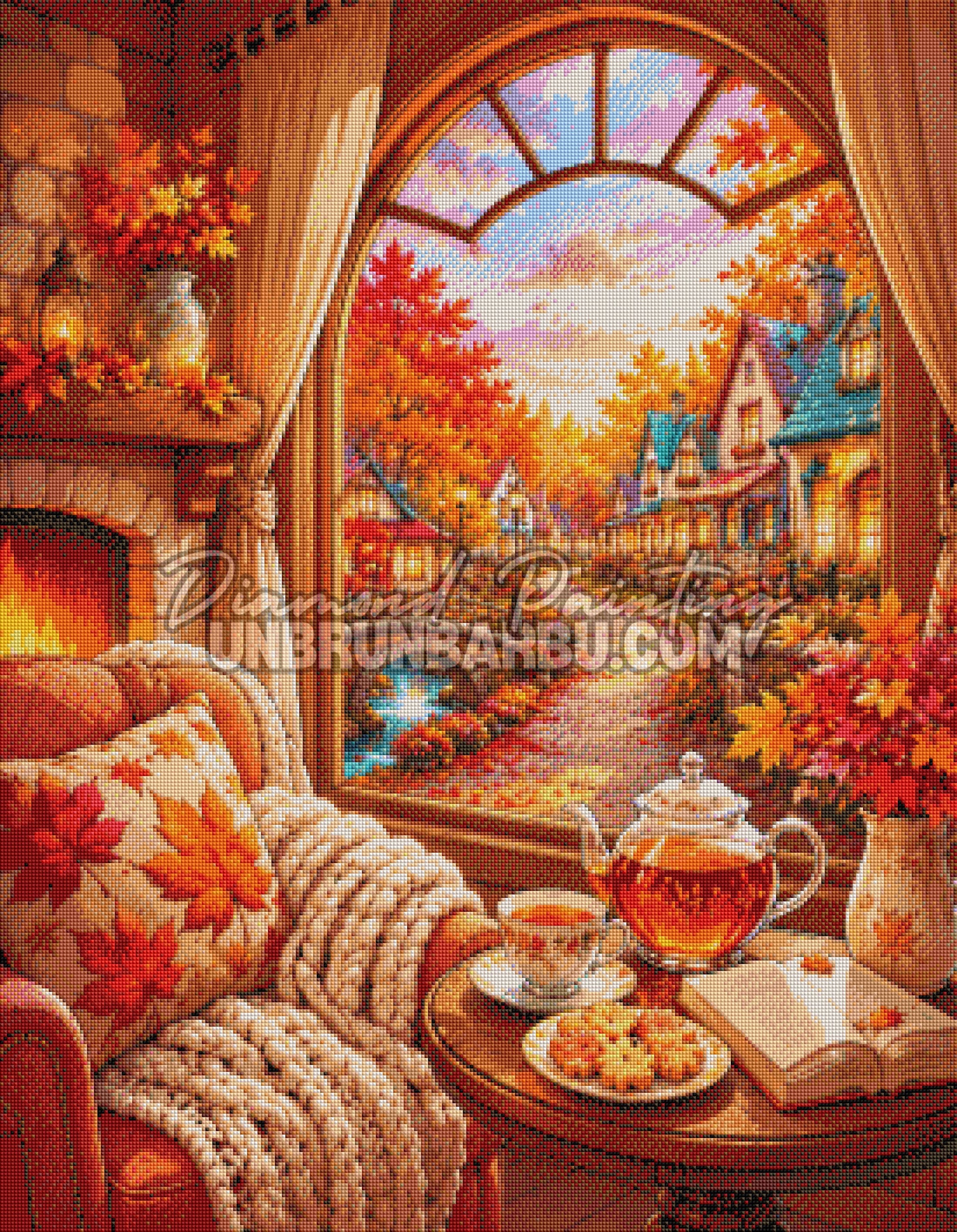 Rendu diamanté du Diamond Painting Un Automne au Coin du Feu 70x90 cm avec thé, plaid et village lumineux