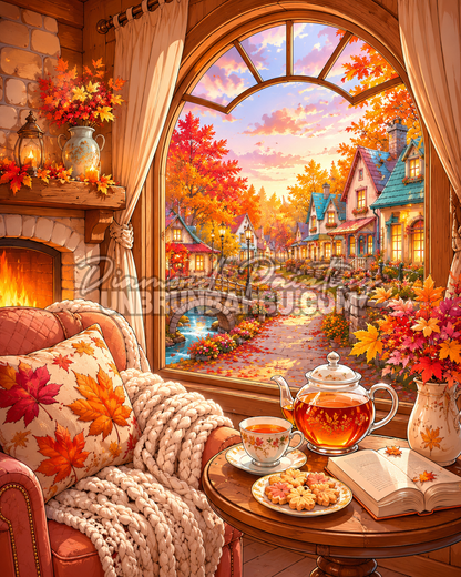 Diamond Painting Un Automne au Coin du Feu 70x90 cm avec cheminée, fauteuil et village aux feuilles colorées