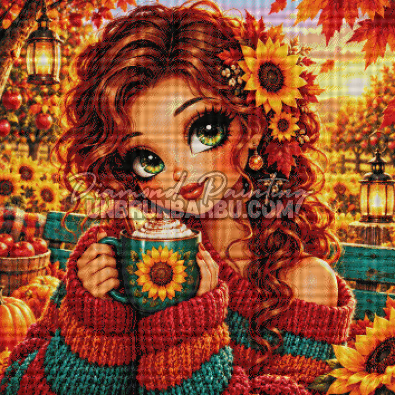 Rendu diamante du Diamond Painting Un Moment Cocooning d Automne 90x90 cm avec pull colore, pommes et citrouilles