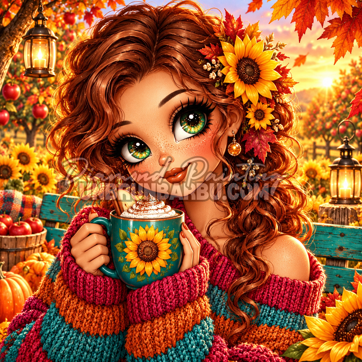 Diamond Painting Un Moment Cocooning d Automne 90x90 cm avec femme rousse, tasse au tournesol et verger colore