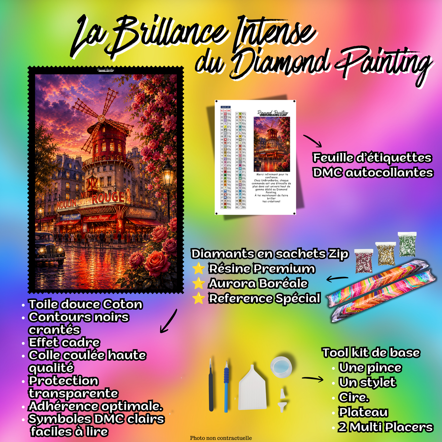 Kit complet Diamond Painting Un Soir au Moulin Rouge 80x120 cm avec toile coton, diamants Premium et accessoires