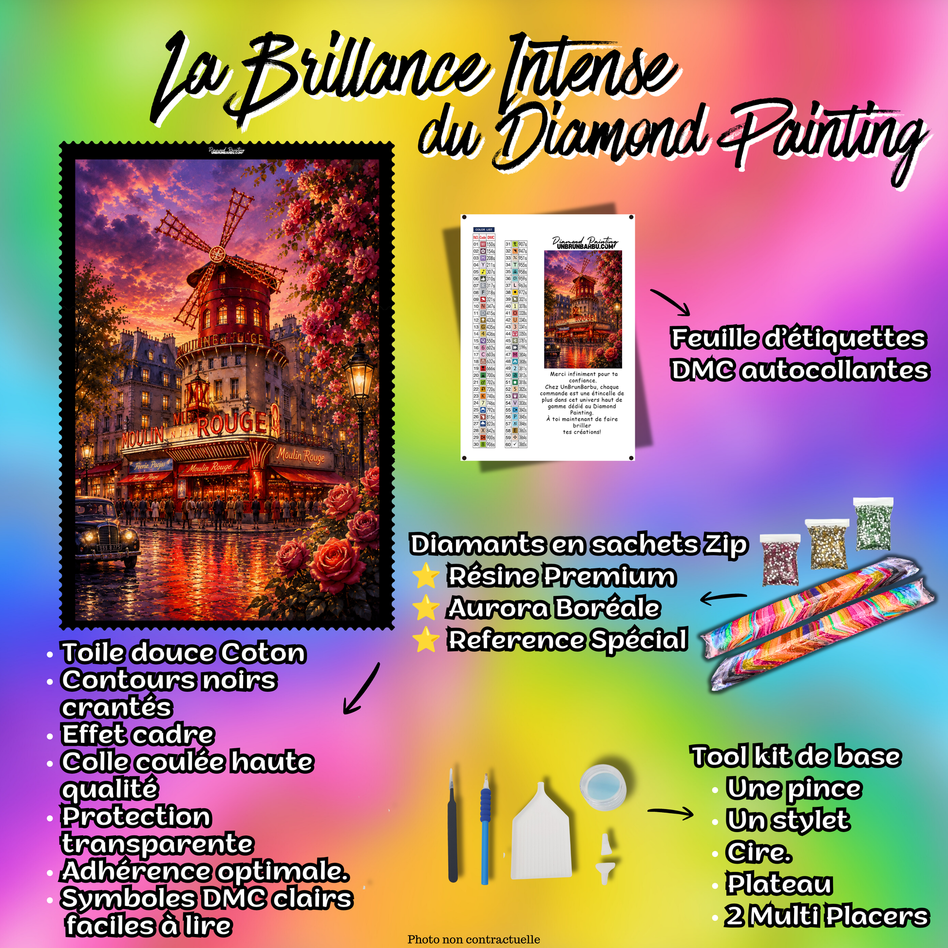 Kit complet Diamond Painting Un Soir au Moulin Rouge 80x120 cm avec toile coton, diamants Premium et accessoires